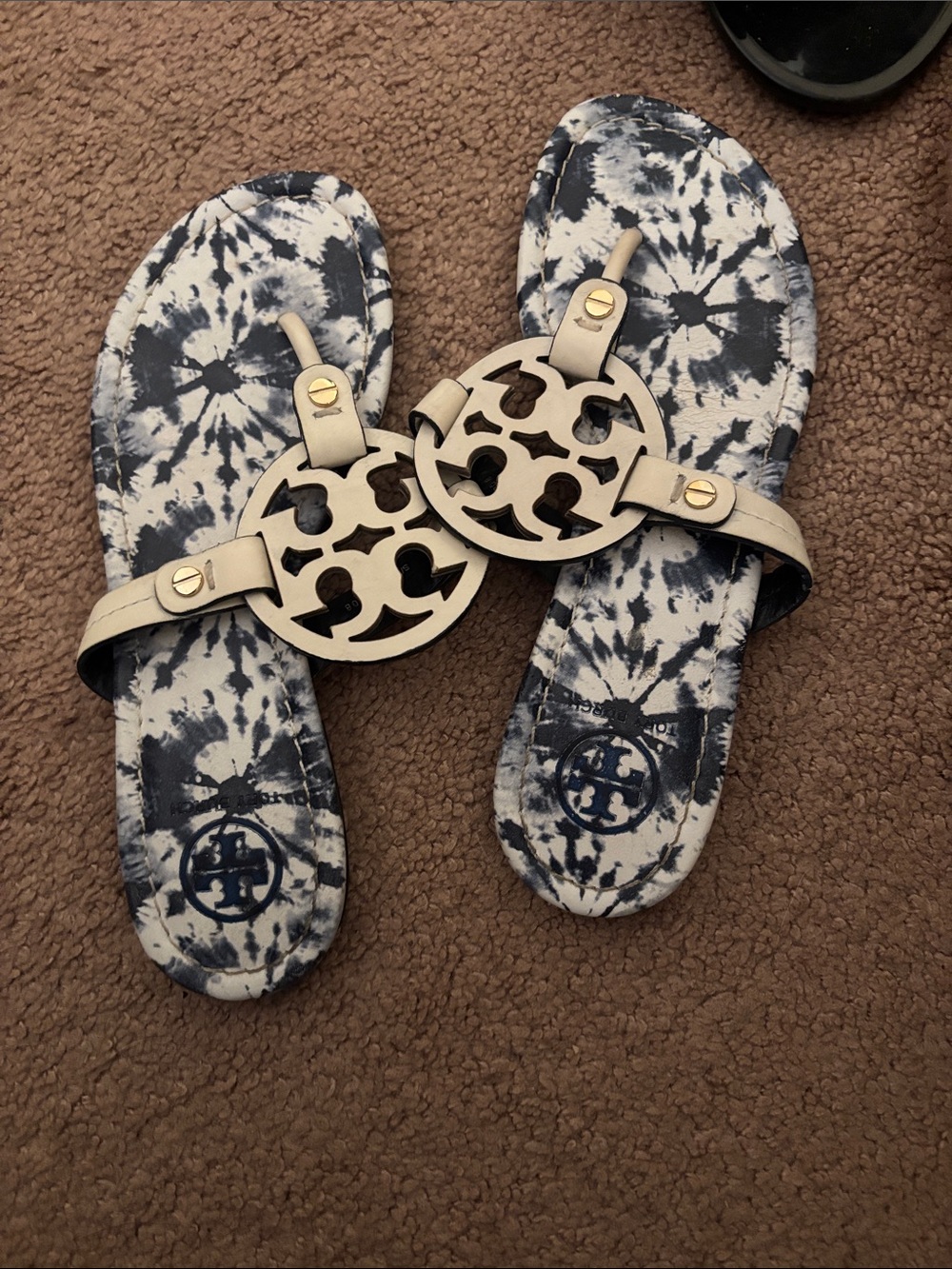 Tory Burch Tie-Dye Navy & White Logo Medallion Sandals
